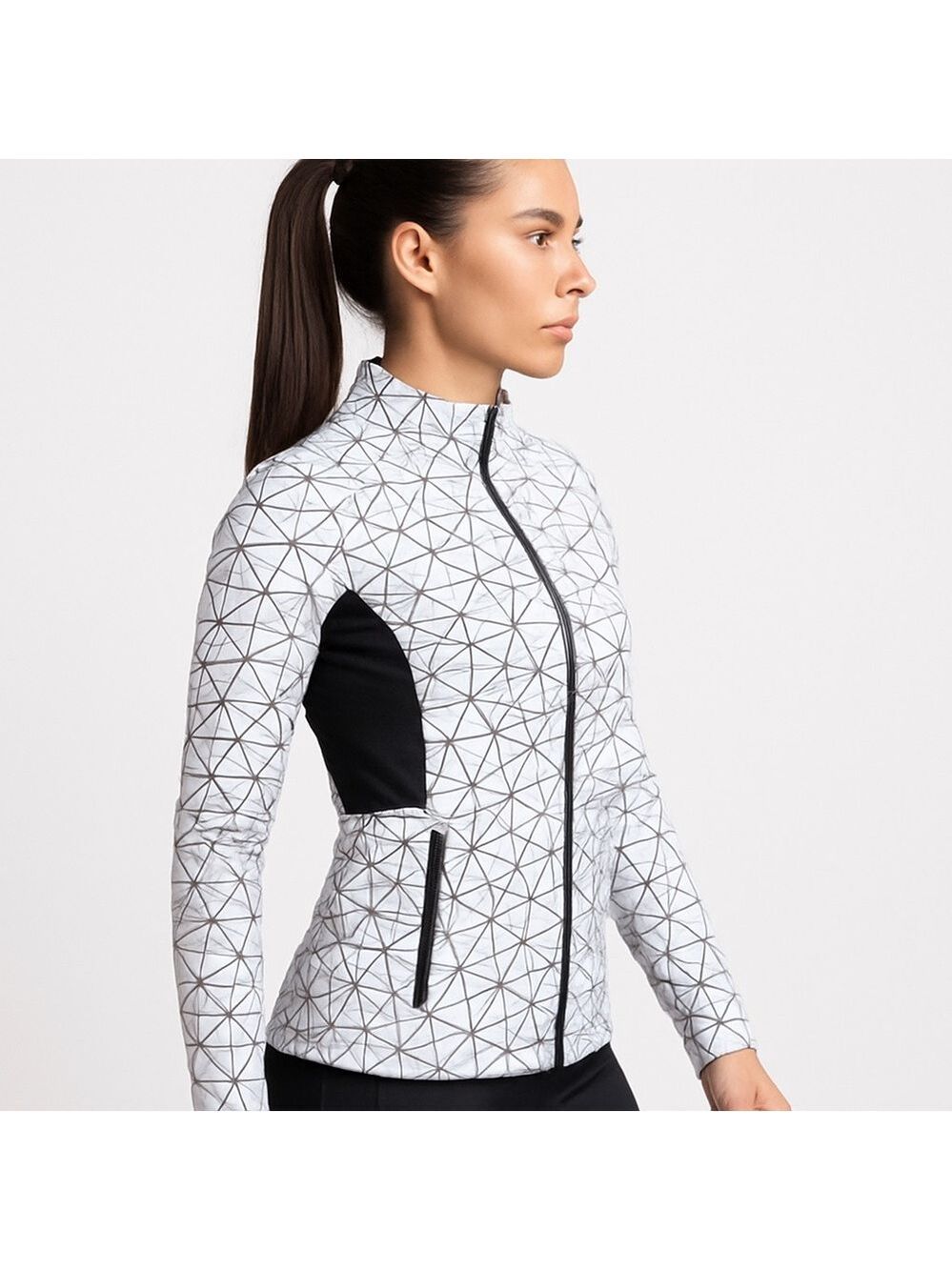 Karma Athletics White & Black Geometric Full-Zip Womens Jacket Lightweight Activ